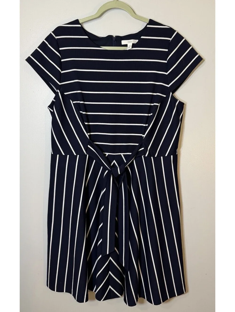 1901 Nordstrom Navy White Stripe Tie Waist Fit Flare A-Line Dress Cap Sleeve 18